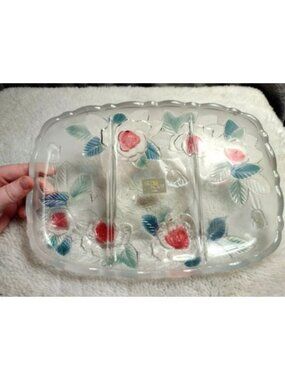 Studio Nova Serving Tray Dish 3-Part Clear Rose Flower Embossed Platter